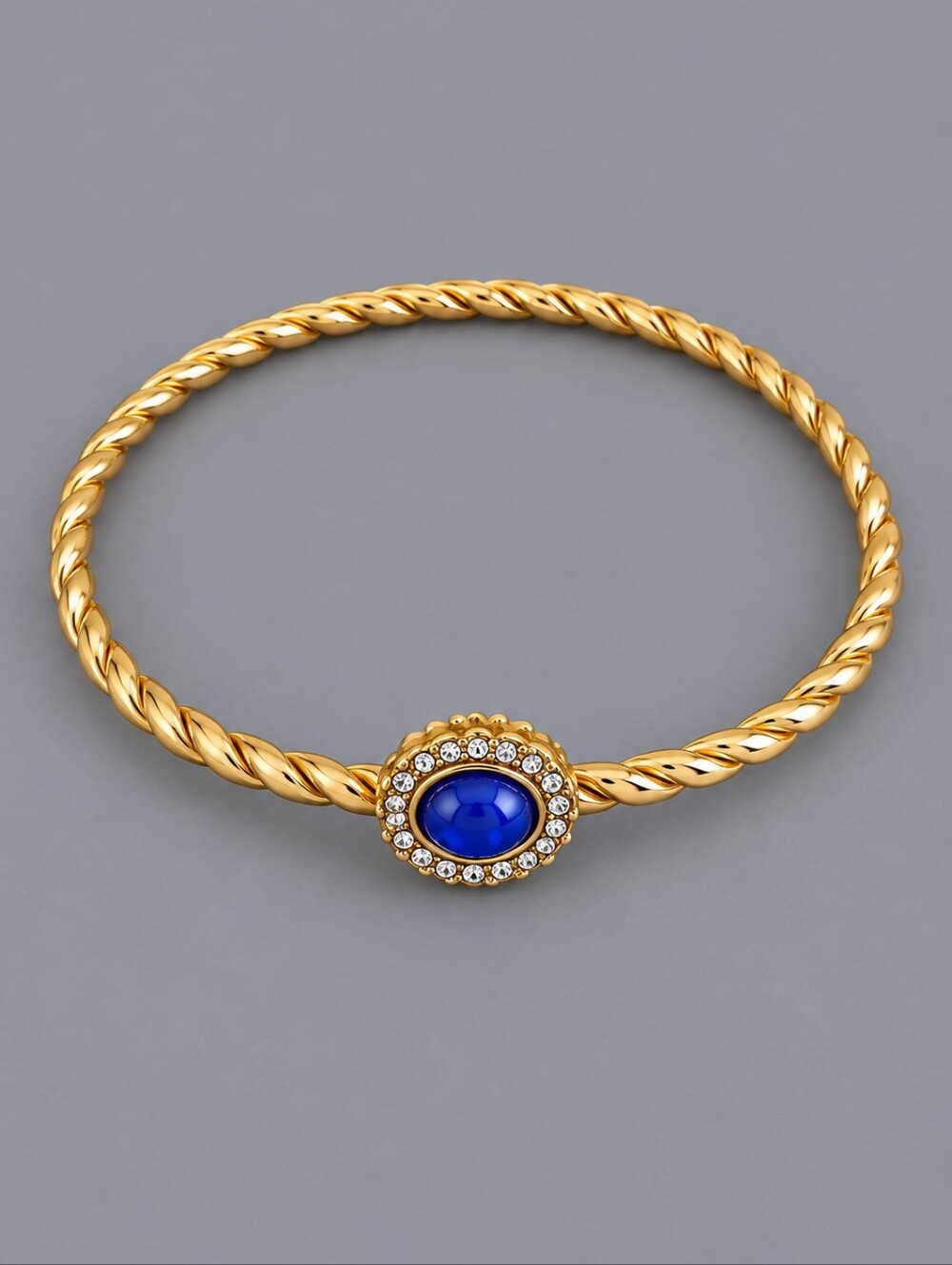 Dainty Twisted Goldtone Faux Blue Gem  Bangle Bracelet